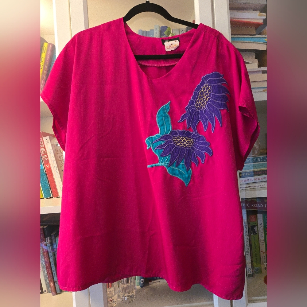 Vintage Vibrant Dark Fuschia Blouse with Floral Patches by Peruzza